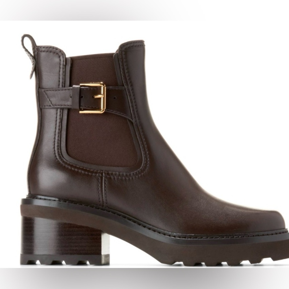 Cole Haan Women’s Chelsea Booties in Deep Brown with Gold Buckle - Picture 2 of 9
